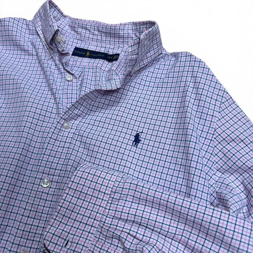 Ralph Lauren Mens Pink Navy Check Button Down Shirt 16.5 L Long Sleeve Cotton